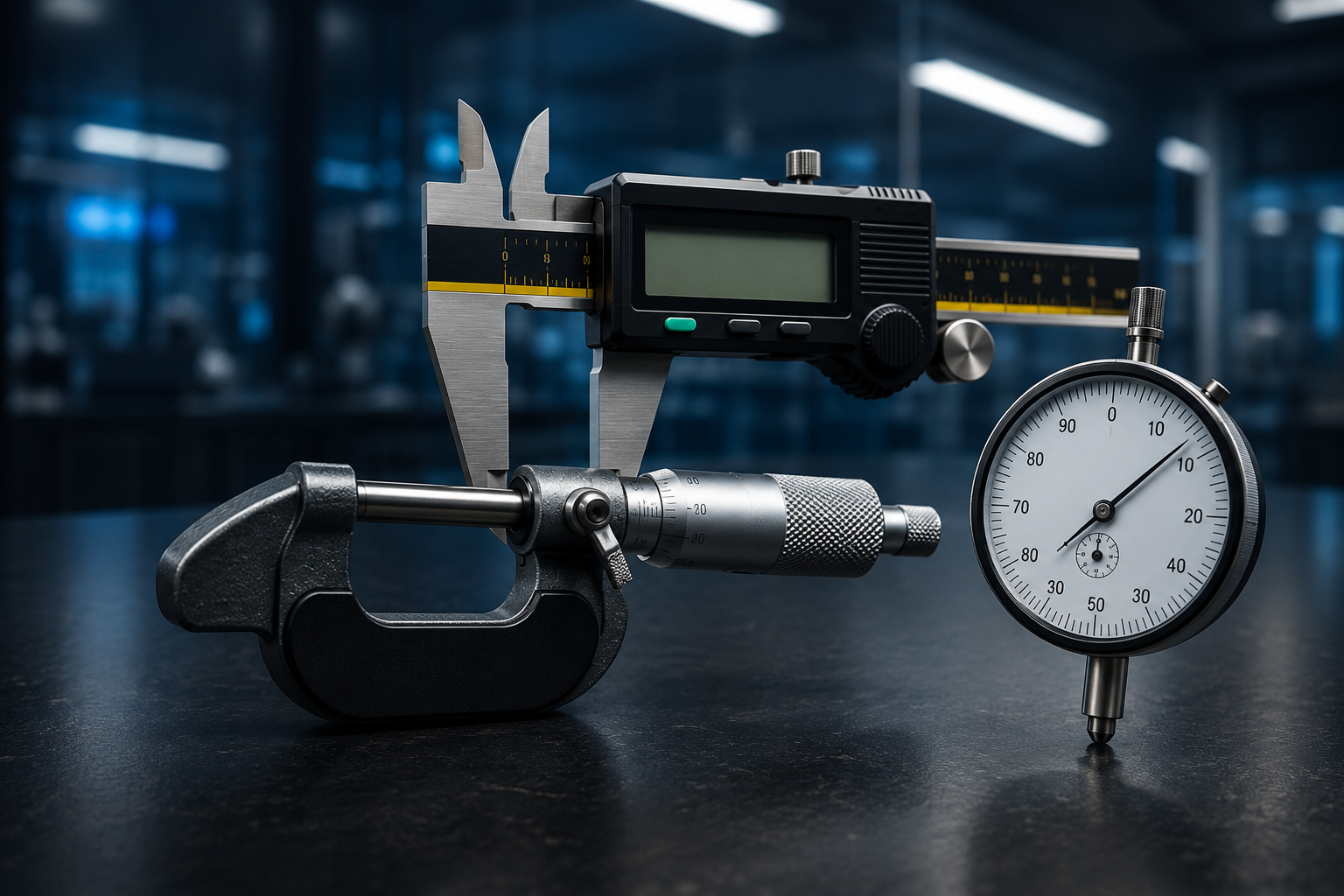 Instruments de mesure — pied à coulisse digital, micromètre et comparateur sur un plan de travail