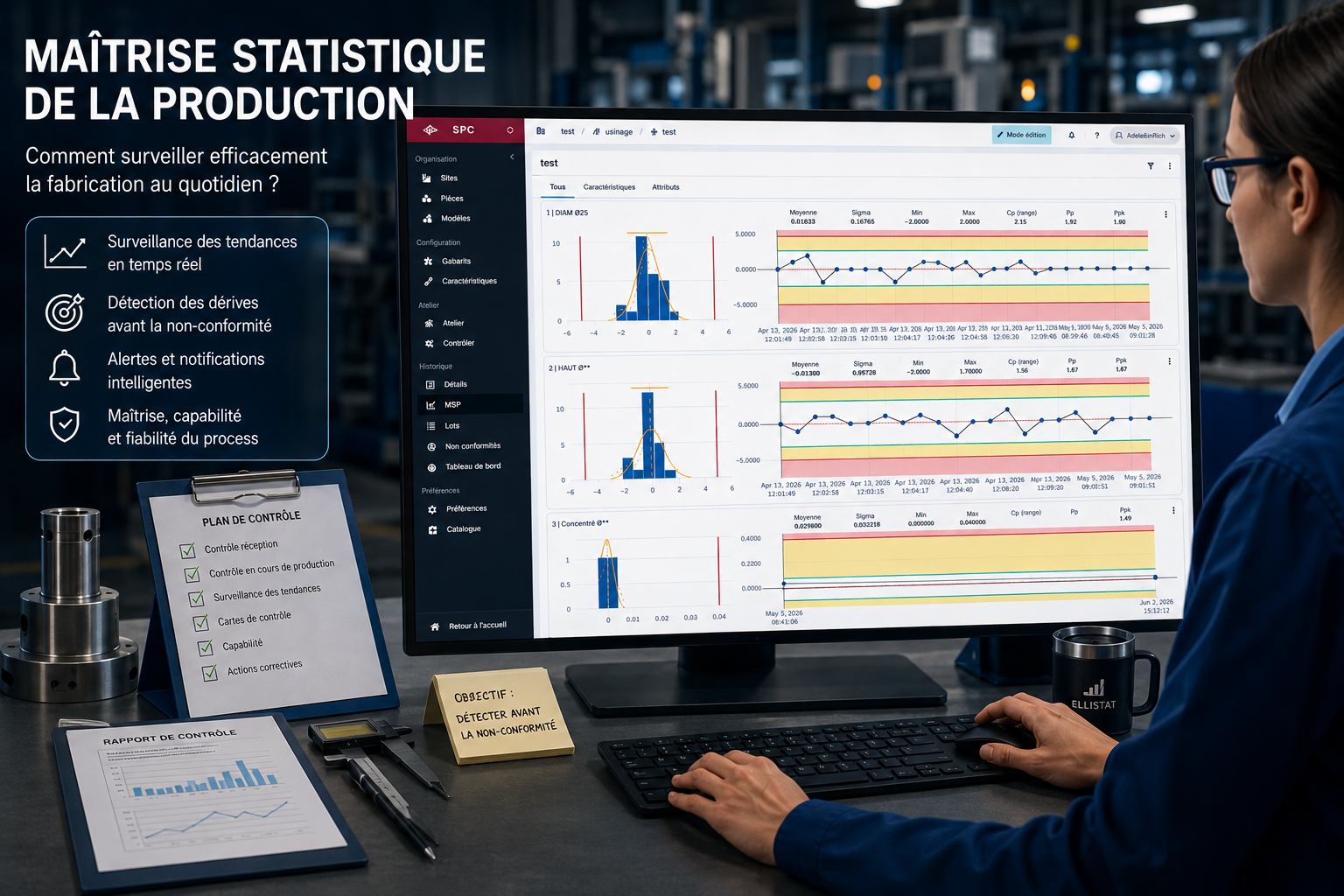 Opératrice qualité devant un écran SPC affichant cartes de contrôle, histogrammes et indices de capabilité, avec plan de contrôle et instruments de mesure au premier plan.