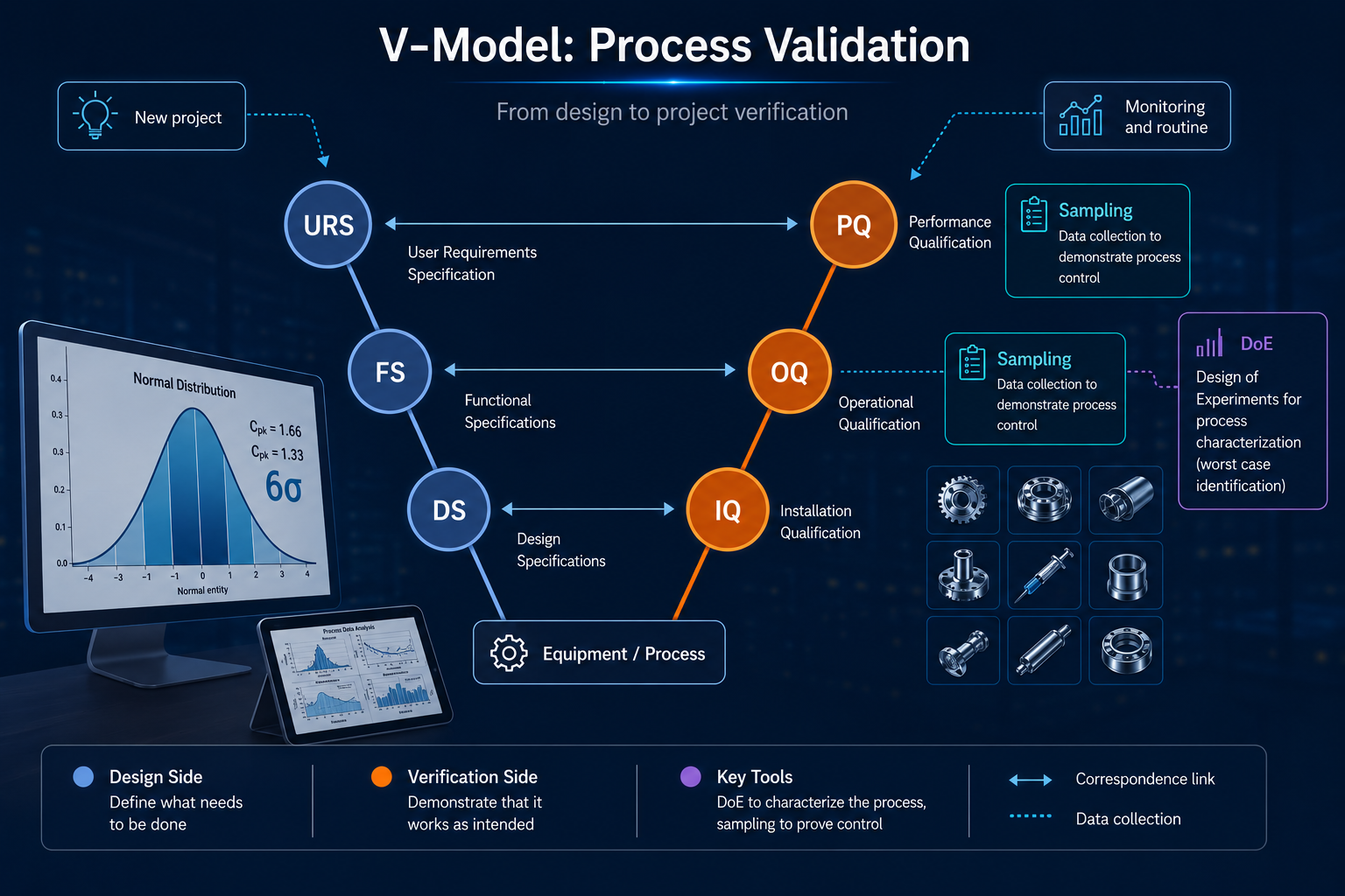 Modèle en V de la validation de procédé : URS/FS/DS côté conception, IQ/OQ/PQ côté vérification, avec DOE pour la caractérisation et plans d'échantillonnage pour la démonstration.